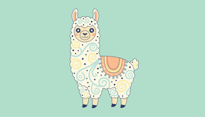 Fototapeta premium Adorable white llama cartoon character decorated with blue curly patterns and a colorful saddle on a pastel mint background.