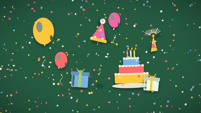 Birthday cake and presents fall amidst confetti on a dark teal background celebration party festive layered