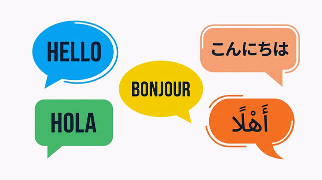 Colorful speech bubbles with hello word in different languages, multilingual greeting concept, global communication