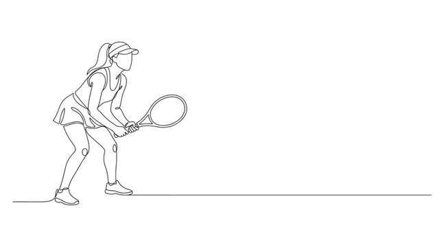 Minimalist continuous line illustration of a female tennis player in a backhand position with line art