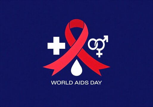World AIDS Day red ribbon symbol with medical cross and gender icons on dark blue background.