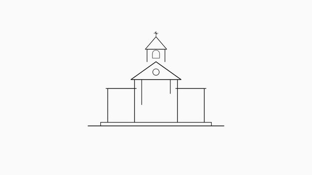 Minimalist outline drawing of a school building with a clock tower