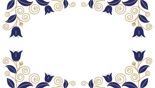 Elegant frame border decorated with dark blue bellflowers and delicate gold spiral branches on a white backdrop.