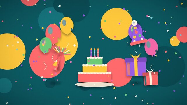 Birthday cake and presents float amidst confetti in a celebratory animation celebration gifts balloons festive party