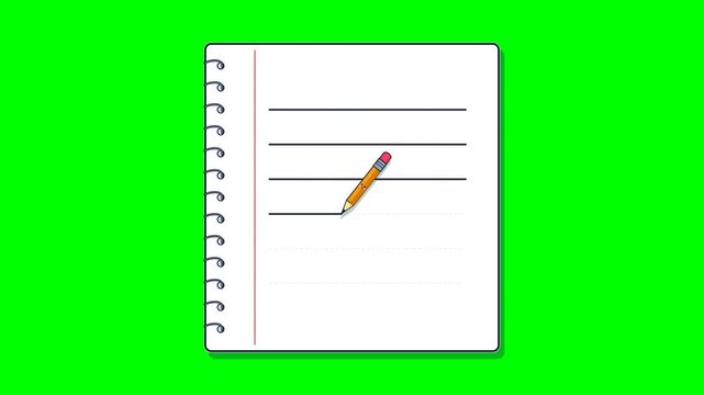 Animated pencil writing lines on a notepad isolated on green background