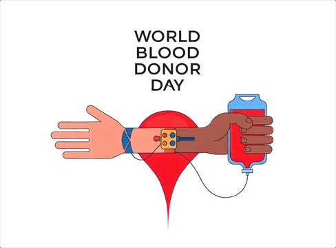 World Blood Donor Day Concept With Diverse Hands Holding Blood Bag.