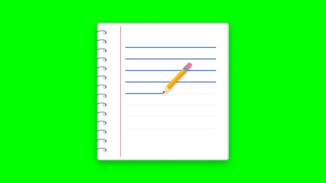 A pencil writing on a spiral notebook page against a green screen background