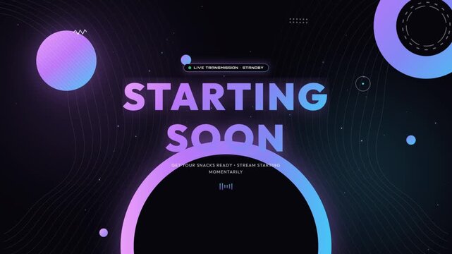 Starting soon screen for live stream with futuristic gradient circular elements and digital abstract background design