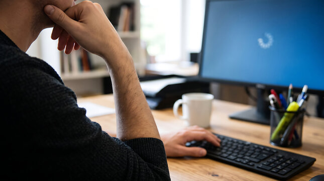 Man resting chin on hand while waiting for slow computer with loading screen on blue monitor and other hand on keyboard at wooden office desk with coffee mug and pens