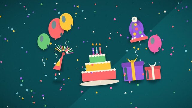 Birthday cake with presents and balloons floats amidst celebratory confetti celebration confetti party festive gift decorations