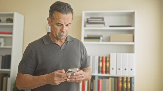 Man holding smartphone and glancing sideways in building study with bookshelf, binders and clock visible; thoughtful pause.