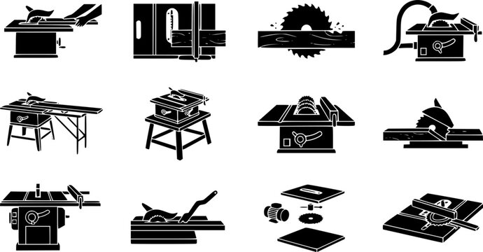 Table saw icon set showing circular blade cutting timber plank on workbench for carpentry woodworking construction and industrial manufacturing projects