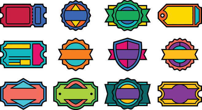 Decorative coupon and seal stamp collection with vibrant colors for product promotion use.