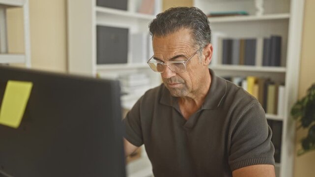 Man at computer removes glasses and later leans back with hands behind head in office building, bare forearms visible; relief.