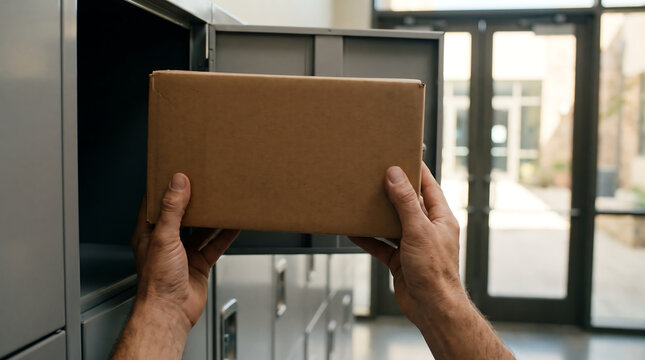 Man hands placing brown cardboard box into open gray metal parcel locker in modern building lobby with glass doors and blurred background for secure package delivery pickup