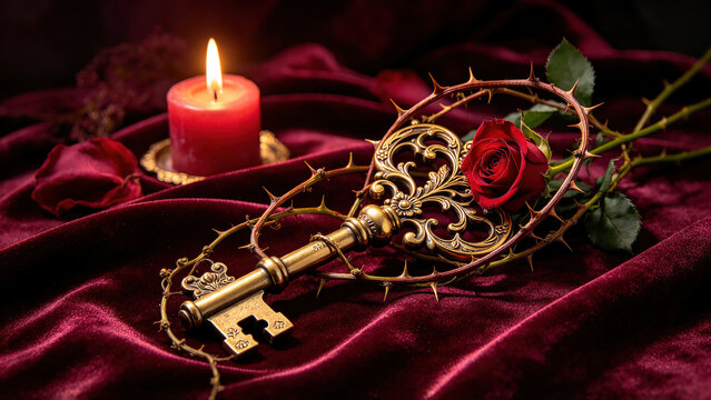 Antique golden key entwined with thorny vine and a red rose on crimson velvet in candlelight