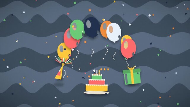 Birthday cake with lit candles and balloons floats amidst confetti celebrations celebration present gift party festive