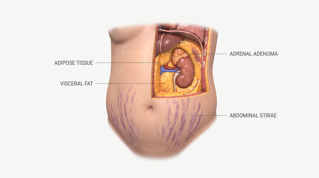 Cushing Syndrome Medical Anatomy Showing Adrenal Adenoma Visceral Fat and Abdominal Striae