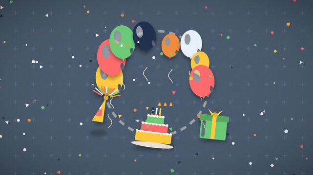 Colorful balloons rise above a tiered birthday cake with presents celebration presents gifts party festive decorations