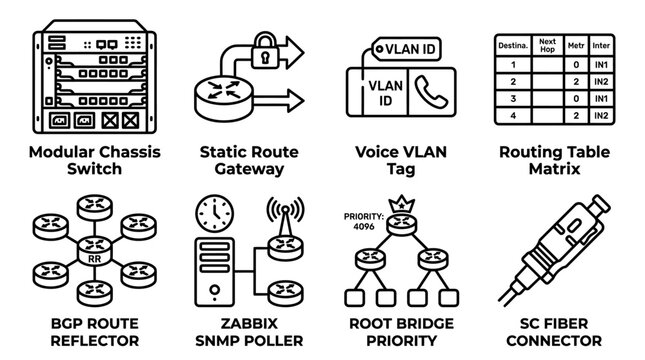 Network engineering infrastructure and hardware routing icons with infrastructure engineering hardware connector reflector priority internet technology communication connection computing