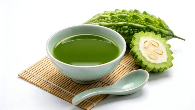 Fresh Bitter Melon Juice in a Bowl with Whole and Sliced Bitter Gourds on a Bamboo Mat