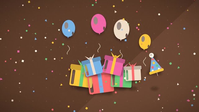 gift bags and balloons rise amidst colorful confetti during a birthday celebration celebration gifts present party