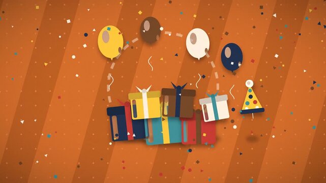 Colorful gifts and balloons float upwards during a birthday celebration celebration presents party festive decorations confetti