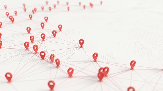 Red location pins connected by thin network lines on a white background with soft blurred markers and copy space. Abstract geolocation image for navigation, delivery route, logistics, mapping service
