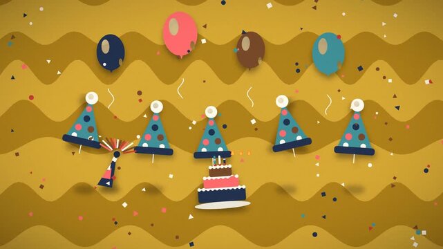 Birthday candles extinguish on a frosted cake with balloons and confetti celebration party blowing frosting confetti