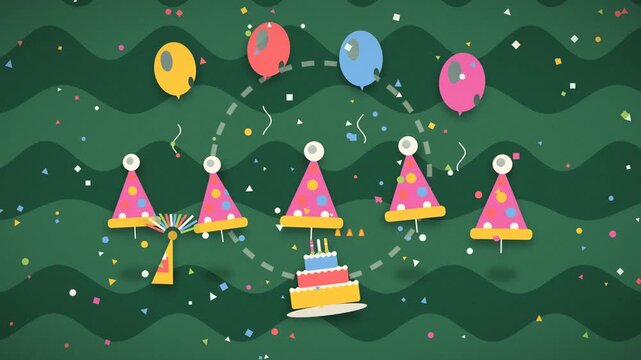 Party hats erupt with confetti around a decorated birthday cake celebration festive anniversary occasion congratulations gathering
