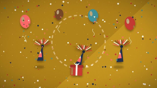 Gift boxes and balloons ascend during a festive birthday celebration celebration gifts presents party decorations confetti