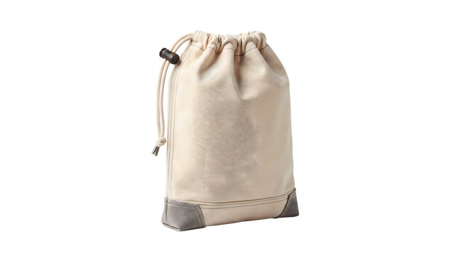 Small beige drawstring pouch made of textured fabric with grey reinforced corners isolated on transparent background