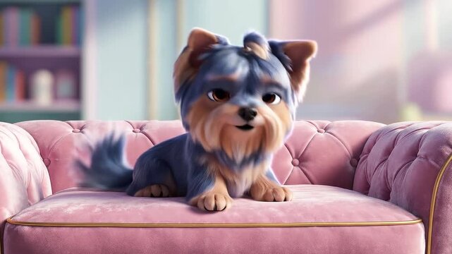 Cute animated Yorkshire Terrier puppy sitting on a pink sofa  