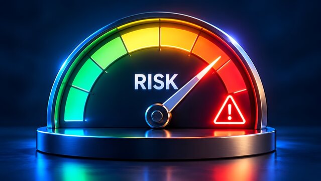 Glowing digital risk meter gauge with needle pointing to maximum danger level