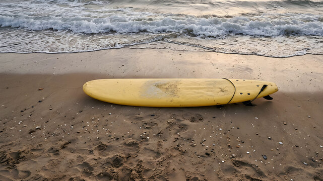 Yellow surfboard stands on sandy beach at sunset with ocean waves in background