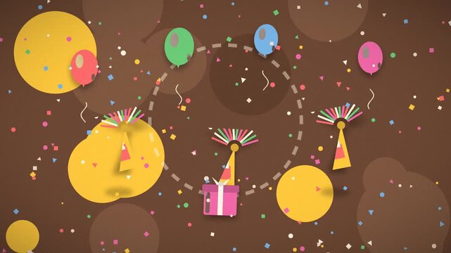 Colorful balloons and gifts rise during a festive birthday celebration celebration party presents decorations confetti golden