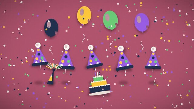 Party hats erupt with confetti over a decorated birthday cake and floating balloons celebration balloons festive