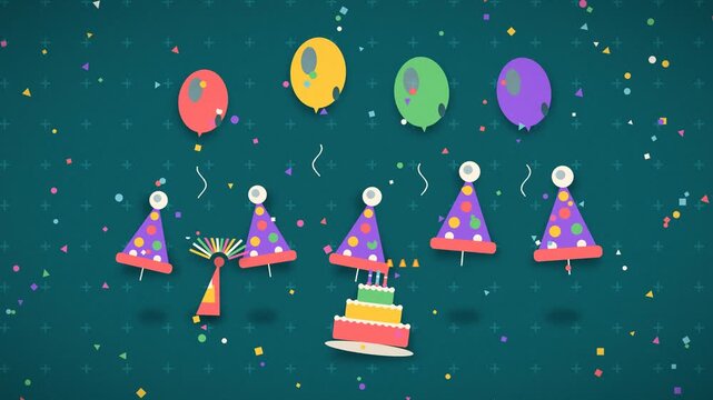 Colorful balloons and party hats rise around a lit birthday cake with candles candles celebration festive