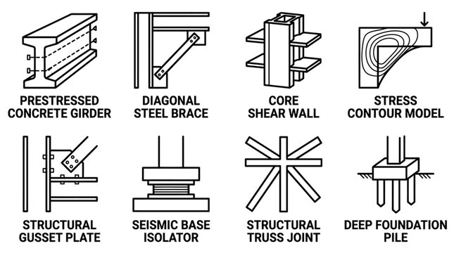 Structural engineering and civil construction components icon set showing foundation and support elements with construction structural engineering foundation concrete isolator building industry