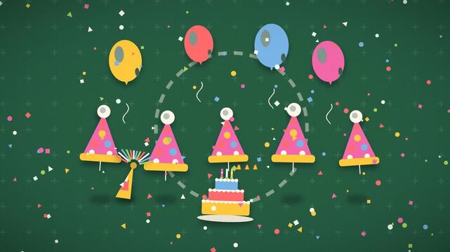 Partygoers celebrate a birthday with a lit cake and colorful confetti celebration party confetti balloons friends