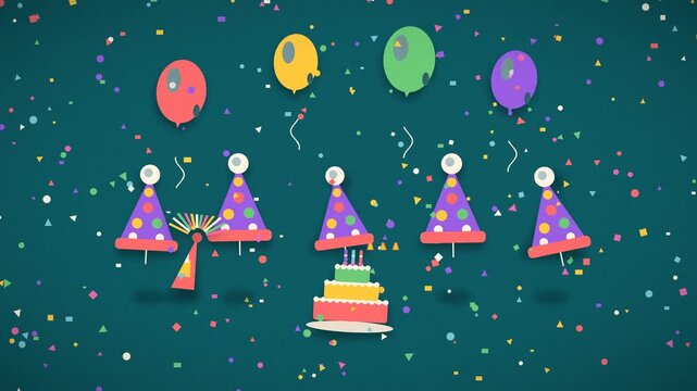 Party hats illuminate a birthday cake with glowing candles and falling confetti celebration confetti festive balloons