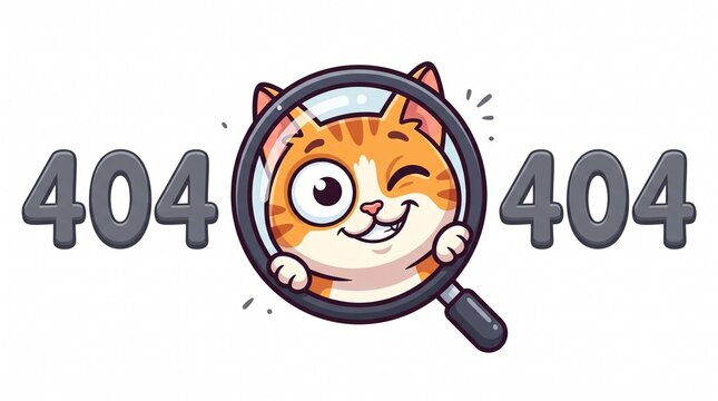Cute cat inside magnifying glass with 404 error