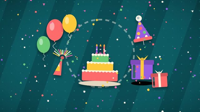 A birthday cake receives colorful balloons and gifts during a festive celebration celebration present party decorations
