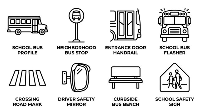 Set of school bus safety and transportation infrastructure line icons with transportation crossing illustration education passenger monochrome minimalist mobility infrastructure approach
