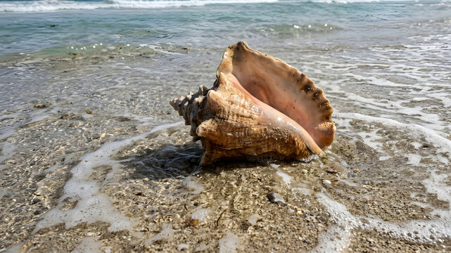 Close up of a large conch shell on a sandy beach with the ocean in the background.