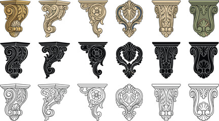 Classical architectural corbel and bracket vector set featuring vintage baroque plaster molding relief scrolls and acanthus leaves © AFSANA AKTER