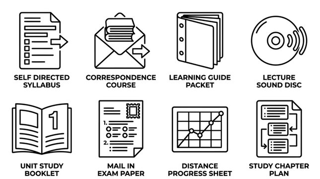 Distance learning and education course study materials icons with education learning distance academic syllabus instruction curriculum correspondence material information training tutorial