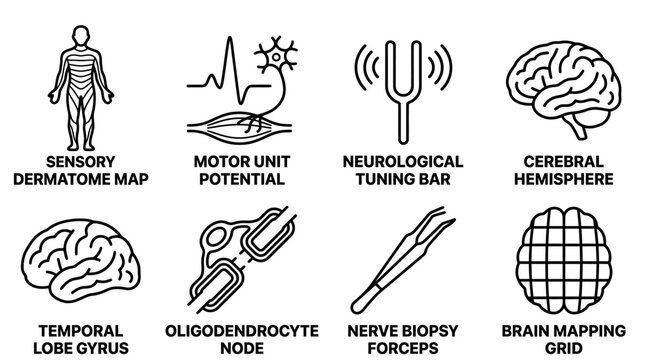 Medical neuroscience line icons representing brain anatomy and clinical diagnostics with neuroscience neurology diagnosis clinical dermatome cerebral hemisphere temporal research physician