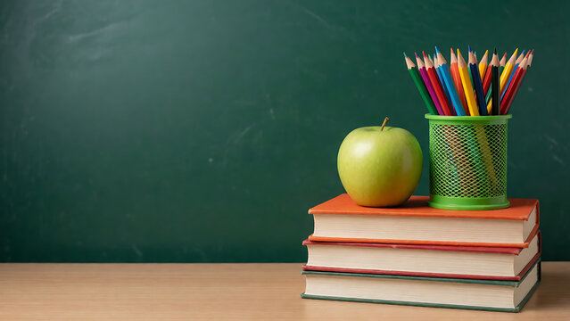 Colorful school supplies with apple on wooden desk near chalkboard background