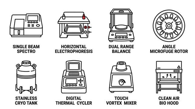 Set of laboratory equipment icons including spectrophotometer electrophoresis balance centrifuge rotor cryo tank thermal cycler vortex mixer and bio hood with spectrophotometer